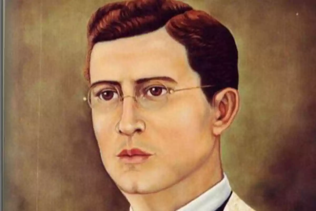 Retrato pintado de un hombre joven con cabello castaño, gafas y expresión seria, vestido con ropa formal sobre un fondo marrón difuminado Retrato pintado de un hombre joven con cabello castaño, gafas y expresión seria, vestido con ropa formal sobre un fondo marrón difuminado