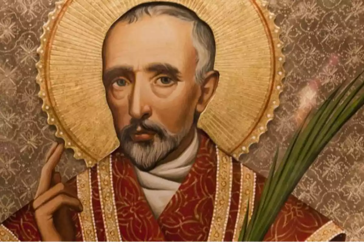 Pintura religiosa de un santo con aureola dorada, vestimenta roja decorada y una palma verde en la mano Pintura religiosa de un santo con aureola dorada, vestimenta roja decorada y una palma verde en la mano