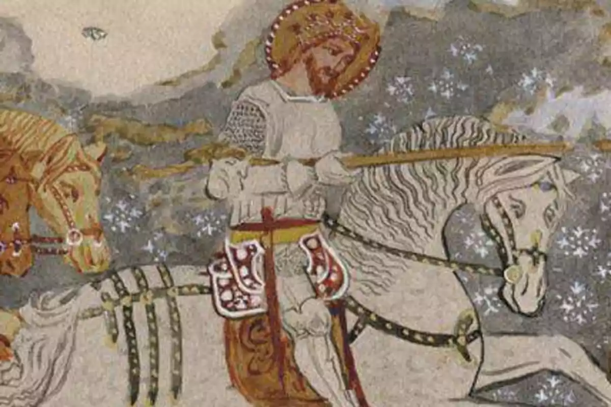 Ilustración de un caballero medieval con armadura y corona montando un caballo blanco decorado, acompañado de otro caballo, con un fondo de cielo estrellado.
