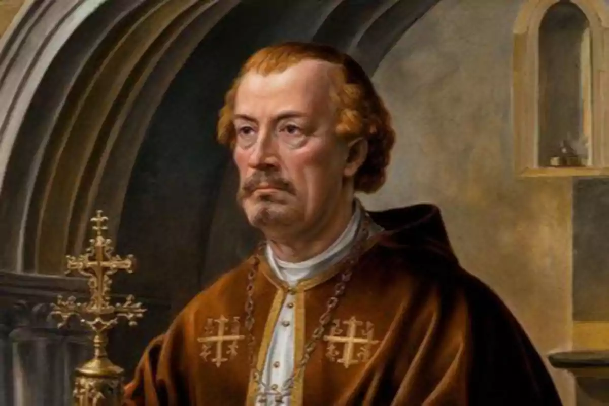 Retrato de un hombre con vestimenta religiosa marrón y blanca sosteniendo una cruz dorada en el interior de una iglesia Retrato de un hombre con vestimenta religiosa marrón y blanca sosteniendo una cruz dorada en el interior de una iglesia