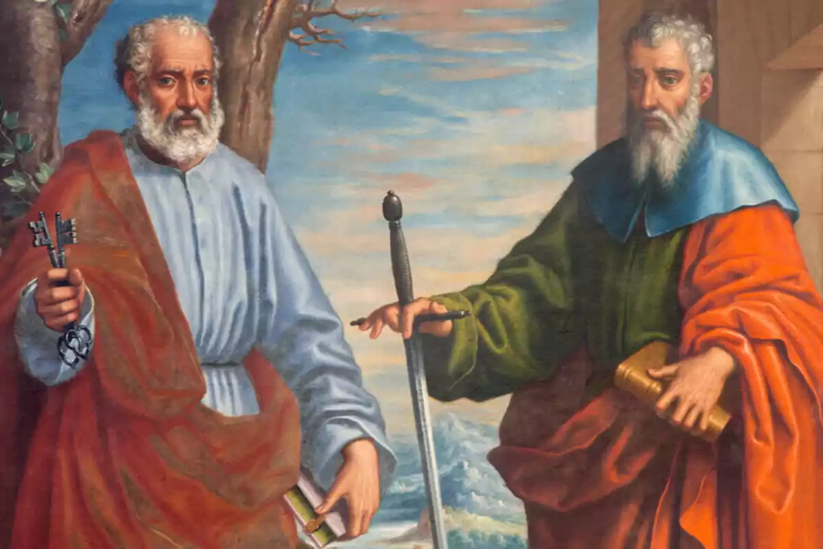 Dos hombres de barba y cabello canoso vestidos con túnicas coloridas uno sostiene unas llaves y un libro mientras el otro sostiene una espada y un pergamino con un paisaje de fondo