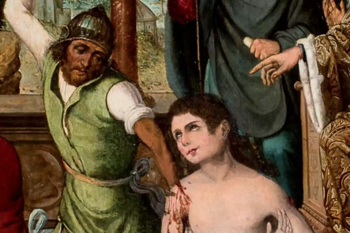 Pintura antigua que muestra a un hombre con armadura levantando el brazo mientras una persona herida y semidesnuda lo mira con expresión serena