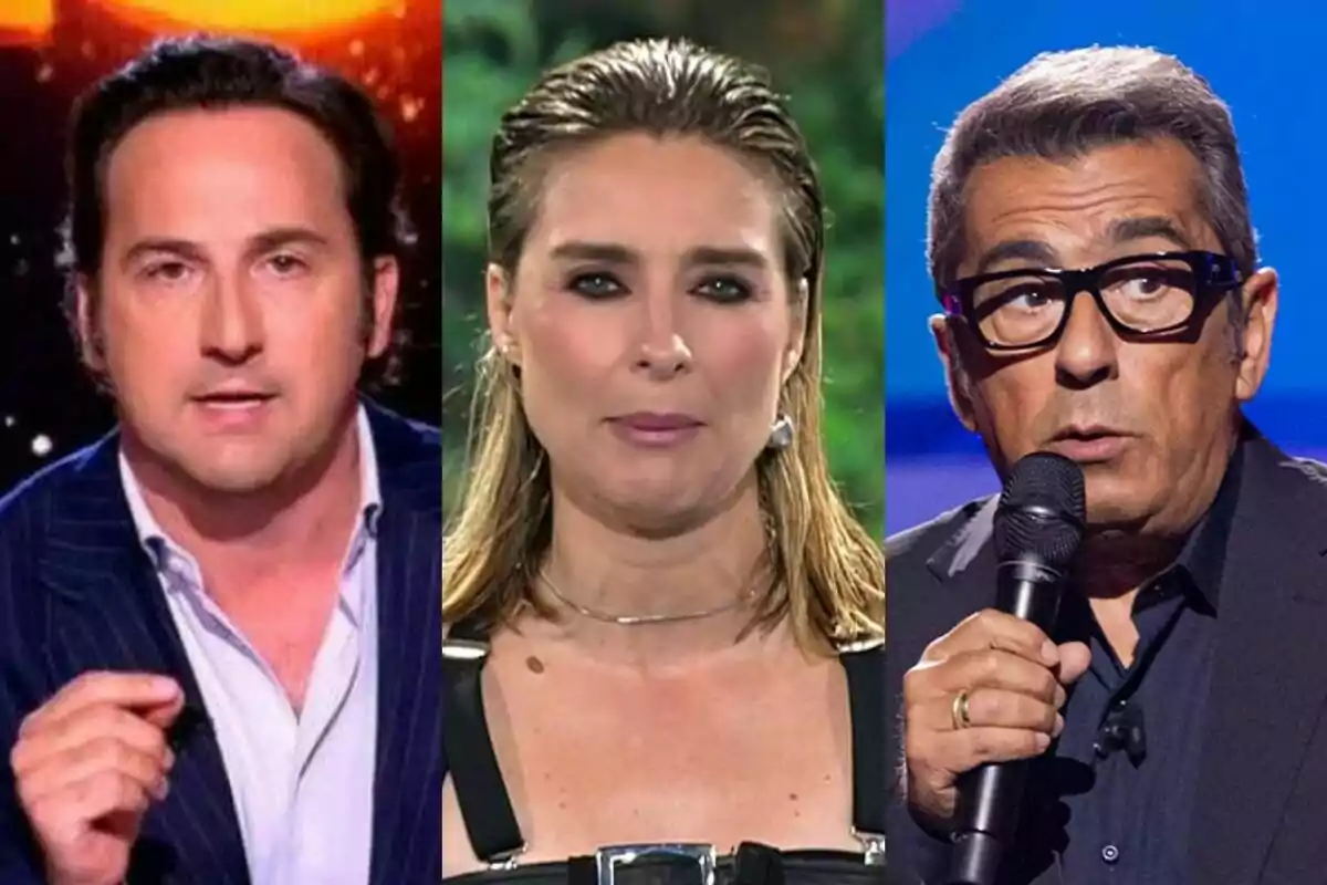 Tres personas en primer plano, Iker Jiménez en Horizonte, Sandra Barneda en Supervivientes y Andreu Buenafuente en Futuro Imperfecto cada una en un entorno diferente, mirando hacia la cámara