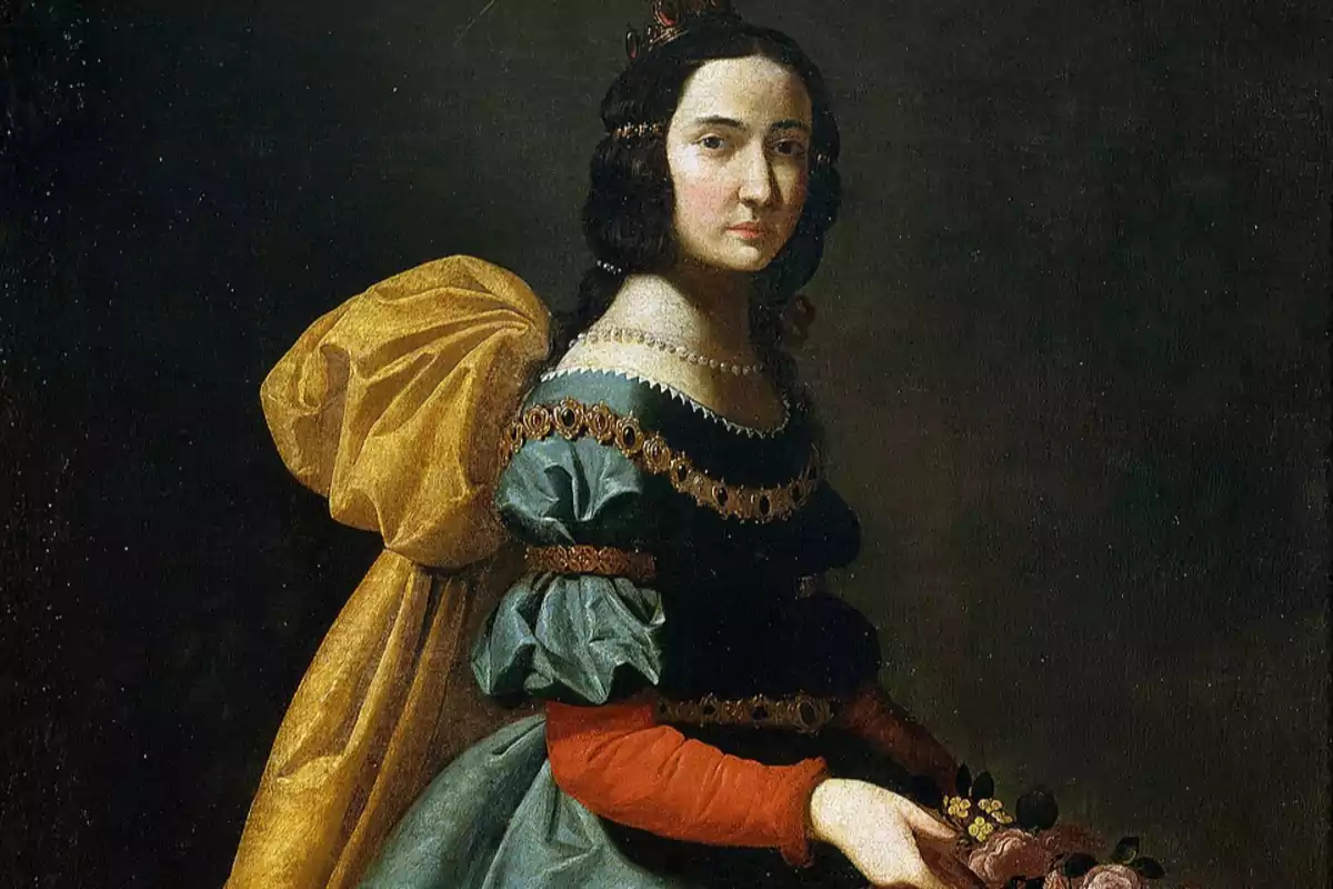 Retrato de una mujer con vestido elegante y lazo dorado sosteniendo flores