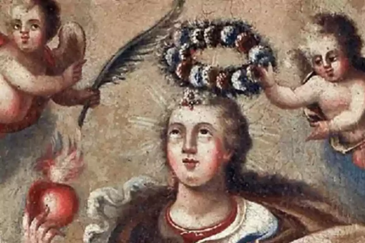 Pintura religiosa con una figura femenina coronada por ángeles y rodeada de símbolos sagrados Pintura religiosa con una figura femenina coronada por ángeles y rodeada de símbolos sagrados