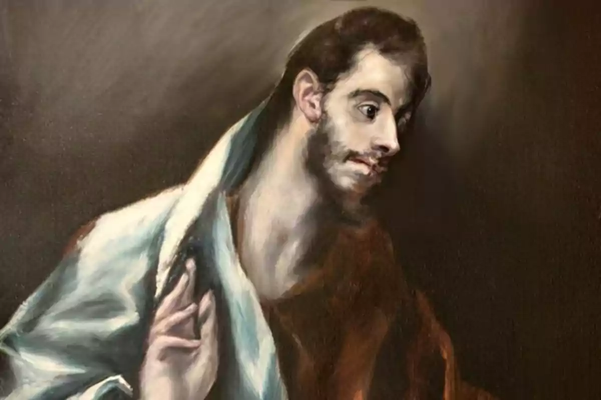 Pintura de un hombre con barba y cabello oscuro, vestido con una túnica marrón y un manto azul claro, sobre un fondo oscuro