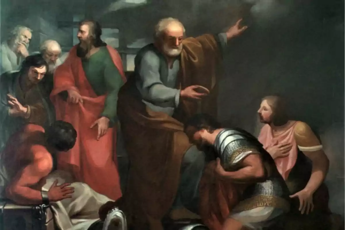 Un grupo de hombres vestidos con túnicas y armaduras interactúan en una escena de estilo clásico, uno de ellos arrodillado ante un hombre mayor que extiende la mano en señal de bendición o autoridad