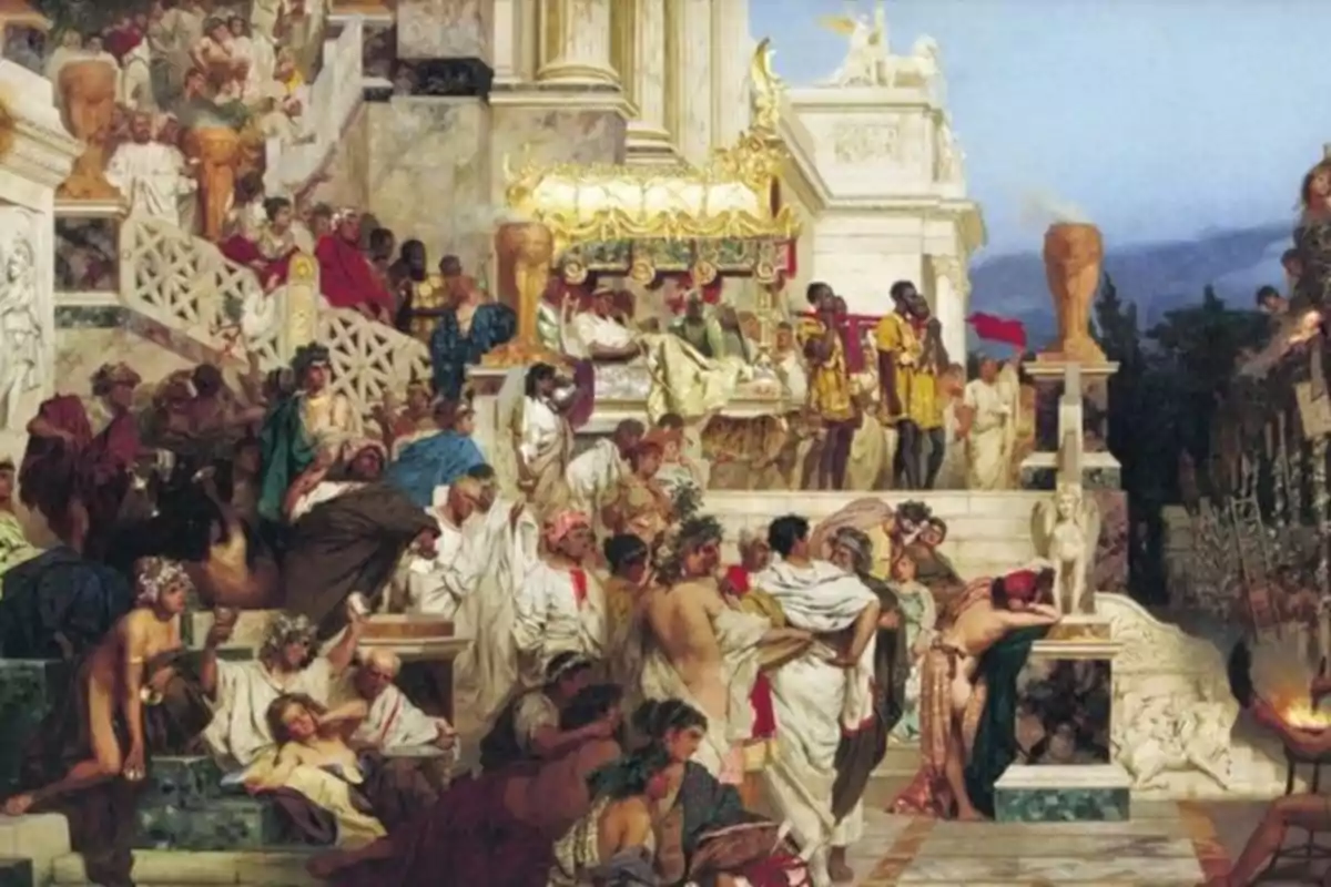 Pintura que muestra una escena de la antigua Roma con muchas personas reunidas en una celebración lujosa en un entorno arquitectónico clásico Pintura que muestra una escena de la antigua Roma con muchas personas reunidas en una celebración lujosa en un entorno arquitectónico clásico