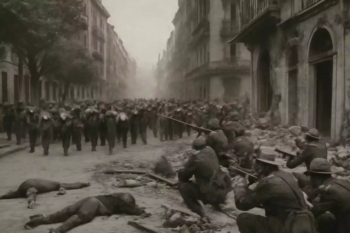 Soldados armados se enfrentan en una calle destruida mientras un grupo de prisioneros avanza con las manos en la cabeza y varios cuerpos yacen en el suelo durante la Semana Trágica de Barcelona 1909. Soldados armados se enfrentan en una calle destruida mientras un grupo de prisioneros avanza con las manos en la cabeza y varios cuerpos yacen en el suelo durante la Semana Trágica de Barcelona 1909.