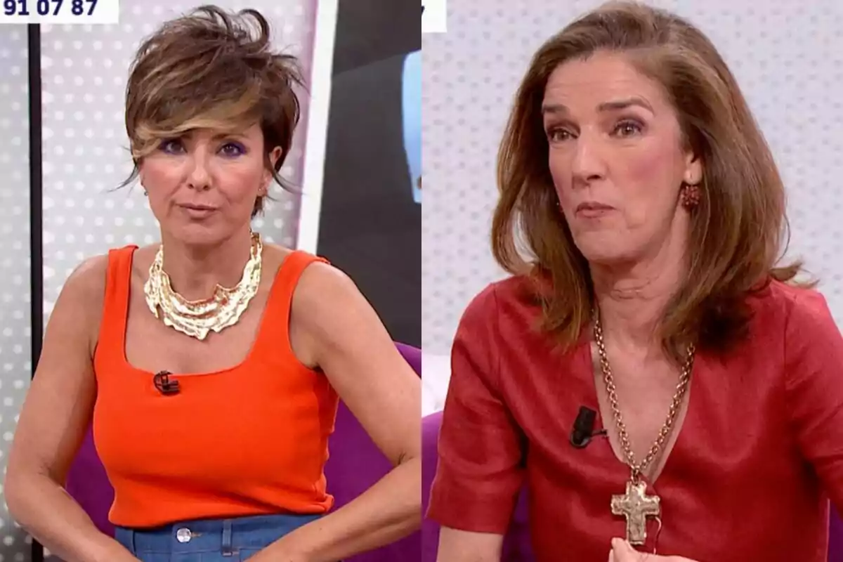 Sonsoles Ónega y Paloma Garcia-Pelayo sentadas en 'Y ahora Sonsoles' con fondo claro, una lleva un top naranja y collar dorado, la otra viste de rojo y lleva un collar con cruz grande