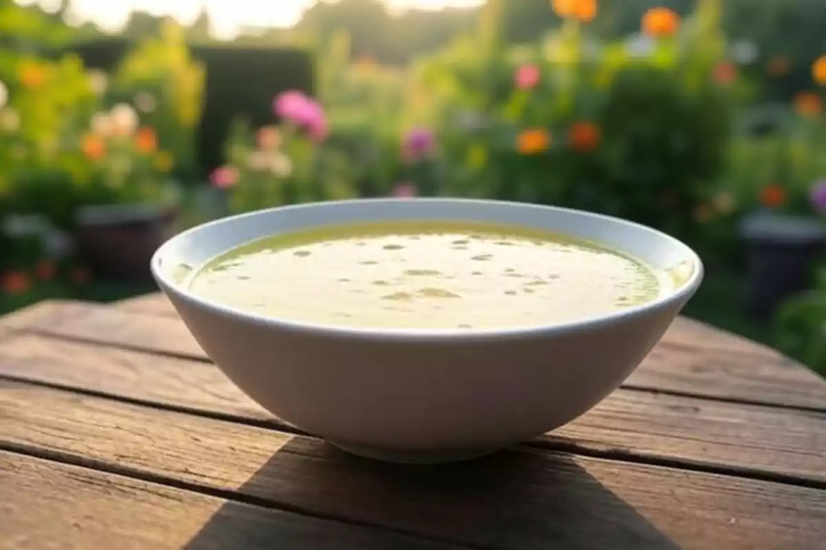 Tazón blanco con sopa de melón sobre una mesa de madera en un jardín con flores al fondo Tazón blanco con sopa de melón sobre una mesa de madera en un jardín con flores al fondo