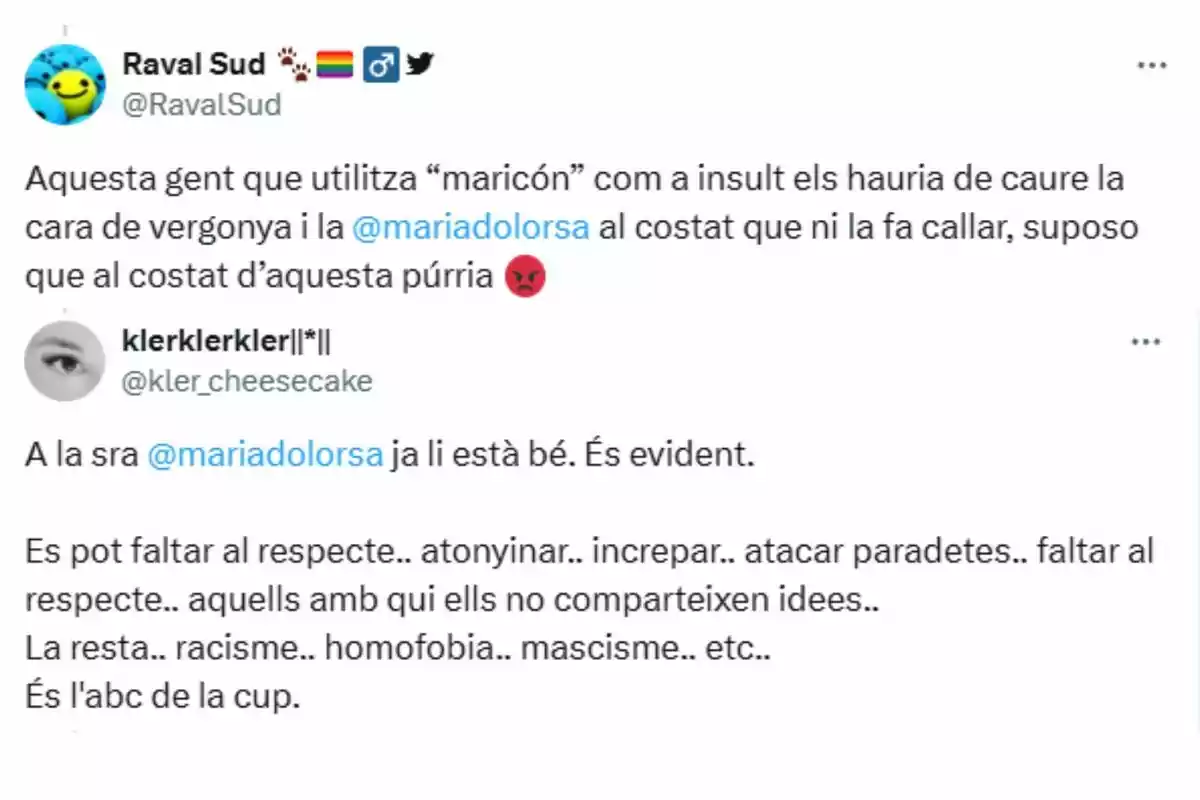 Captura de pantalla de dos tuits en catalán donde se critica el uso de insultos homófobos y se menciona a una usuaria llamada mariadolorsa, señalando la tolerancia hacia actitudes irrespetuosas y discriminatorias Captura de pantalla de dos tuits en catalán donde se critica el uso de insultos homófobos y se menciona a una usuaria llamada mariadolorsa, señalando la tolerancia hacia actitudes irrespetuosas y discriminatorias