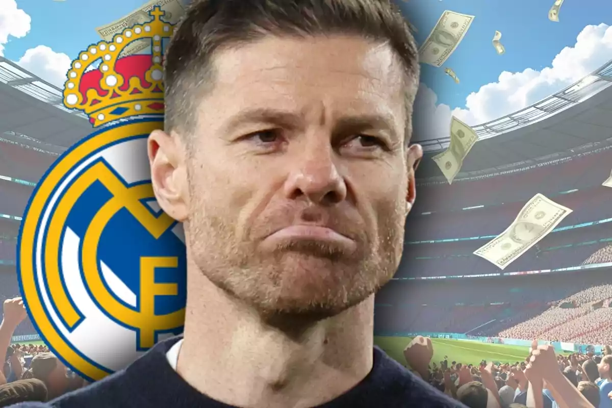 Hombre con expresión seria frente al escudo del Real Madrid en un estadio con billetes volando y público animando.