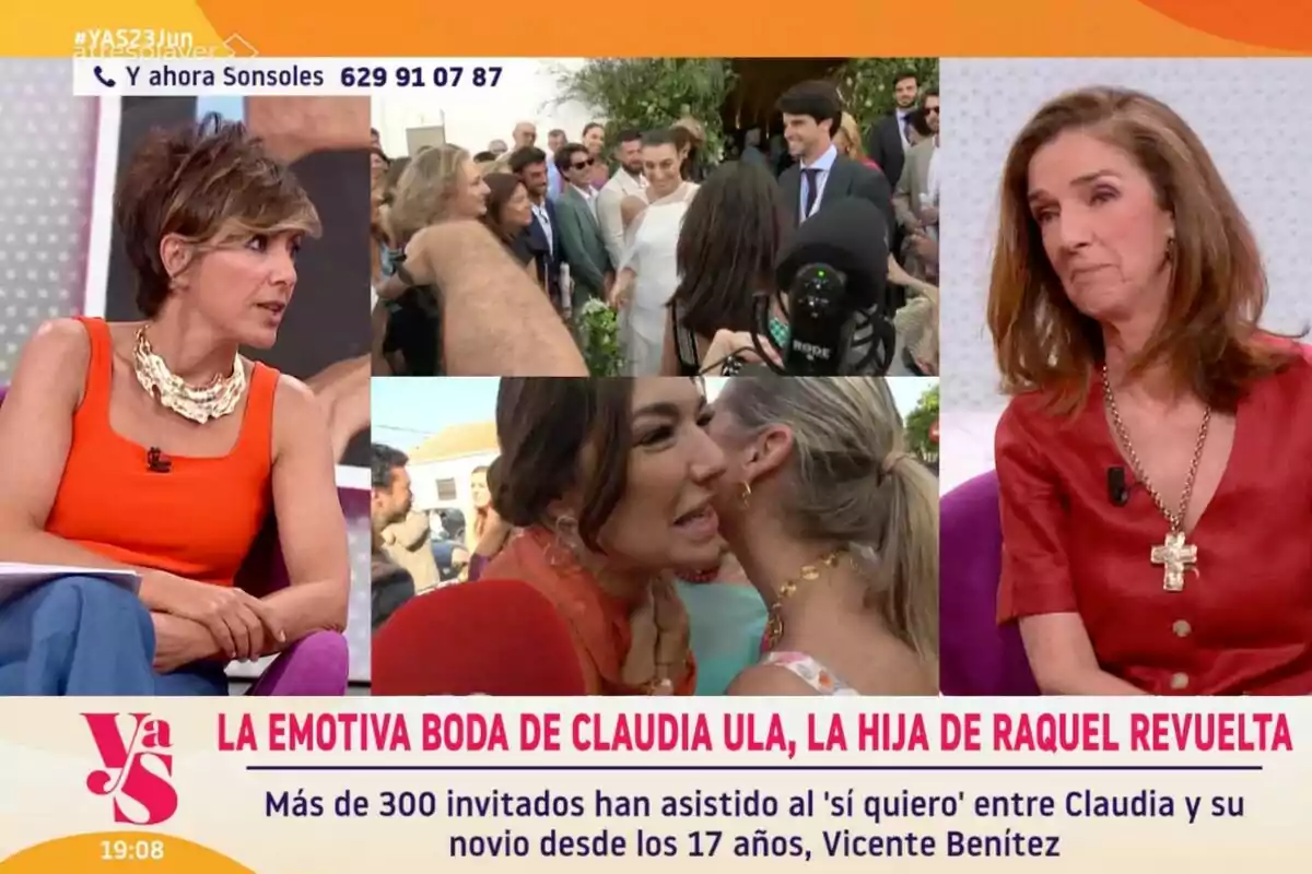 'Y ahora Sonsoles' mostrando imágenes de una boda con varias personas conversando y Sonsoles Ónega y Paloma García-Pelayo en el estudio, una de ellas vestida de naranja y la otra de rojo, con un titular sobre la emotiva boda de Claudia Ula, hija de Raquel Revuelta. 'Y ahora Sonsoles' mostrando imágenes de una boda con varias personas conversando y Sonsoles Ónega y Paloma García-Pelayo en el estudio, una de ellas vestida de naranja y la otra de rojo, con un titular sobre la emotiva boda de Claudia Ula, hija de Raquel Revuelta.