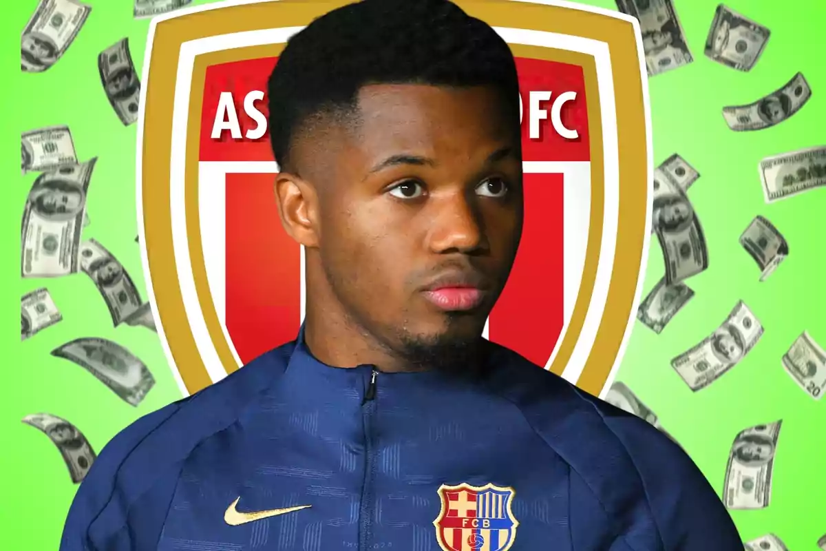 Futbolista con chaqueta del Barcelona frente a un escudo del Arsenal y billetes de dólar flotando sobre fondo verde