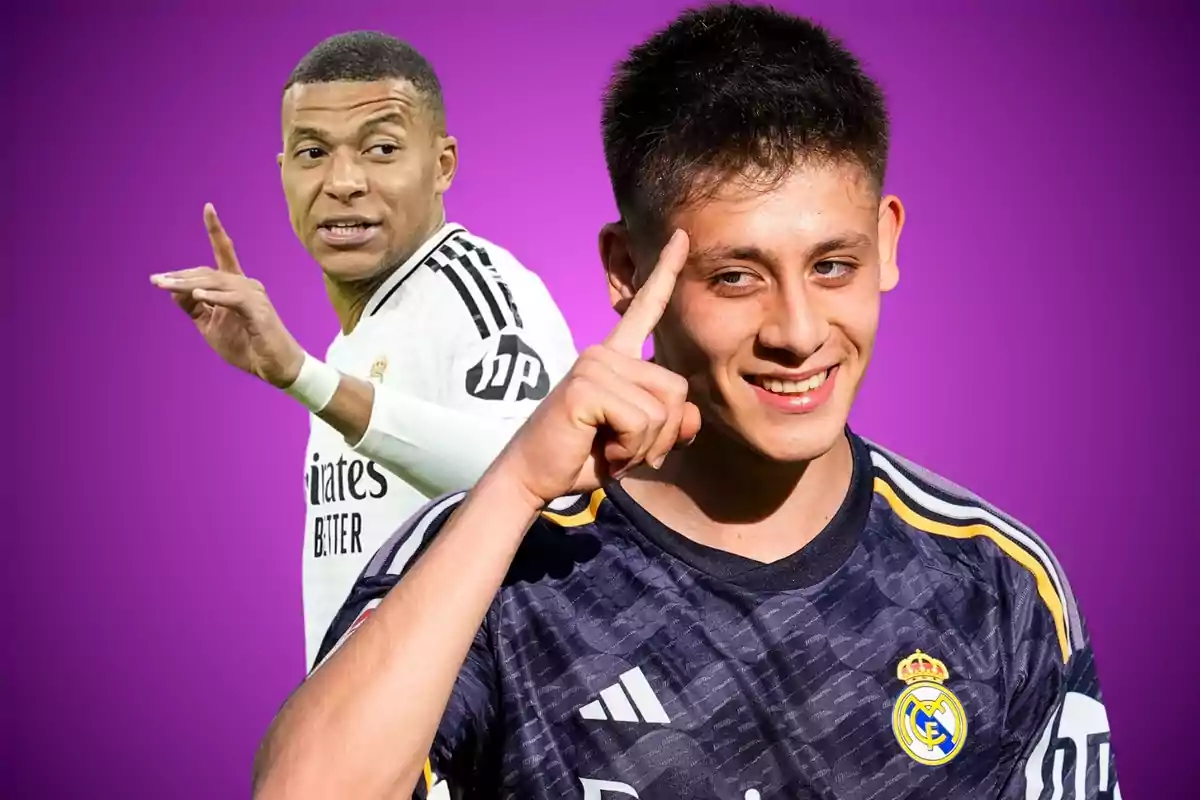 Dos futbolistas con uniforme del Real Madrid posan sobre un fondo morado, uno de ellos sonríe y señala su cabeza mientras el otro hace un gesto con la mano.
