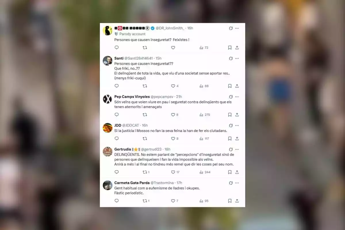 Captura de pantalla de una conversación en Twitter donde varios usuarios debaten sobre el término personas que causan inseguridad y su relación con delincuentes y la percepción de inseguridad en la sociedad Captura de pantalla de una conversación en Twitter donde varios usuarios debaten sobre el término personas que causan inseguridad y su relación con delincuentes y la percepción de inseguridad en la sociedad