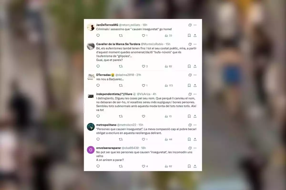 Captura de pantalla de varios tuits en catalán y español que critican el uso del término personas que causan inseguridad Captura de pantalla de varios tuits en catalán y español que critican el uso del término personas que causan inseguridad
