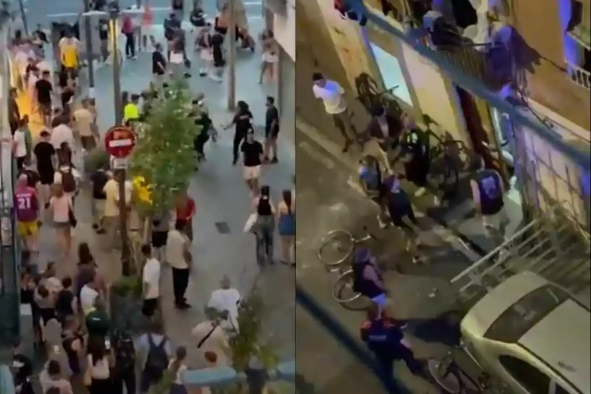 Multitud de personas caminando y reunidas en una calle urbana durante el día y la noche, algunas bicicletas en el suelo y presencia policial