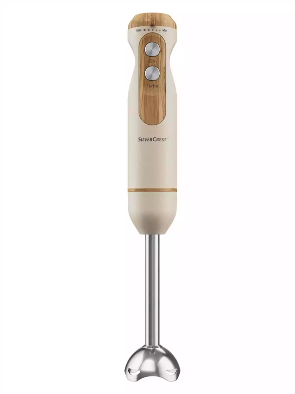 Batidora de mano eléctrica color crema con detalles en madera y varilla de acero inoxidable marca SilverCrest Batidora de mano eléctrica color crema con detalles en madera y varilla de acero inoxidable marca SilverCrest