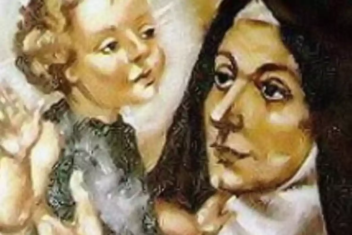 Pintura de una mujer con hábito religioso sosteniendo a un niño pequeño con cabello rizado Pintura de una mujer con hábito religioso sosteniendo a un niño pequeño con cabello rizado