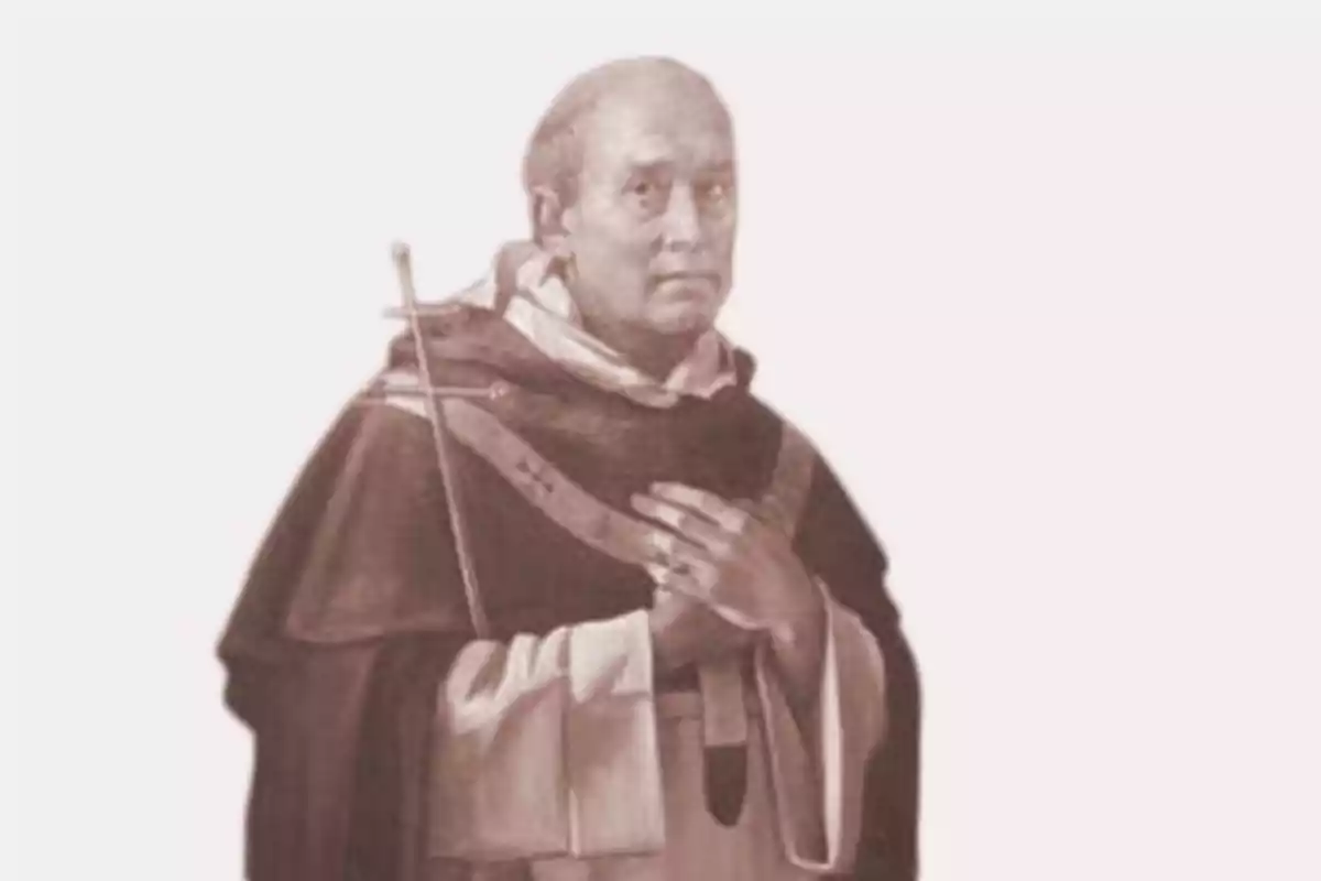 Retrato antiguo de un fraile con hábito oscuro y una cruz en la mano Retrato antiguo de un fraile con hábito oscuro y una cruz en la mano
