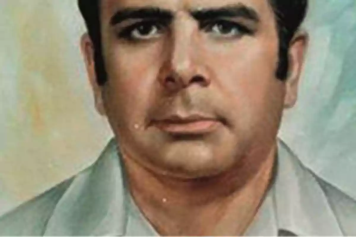 Retrato pintado de un hombre de cabello oscuro y expresión seria con camisa clara Retrato pintado de un hombre de cabello oscuro y expresión seria con camisa clara