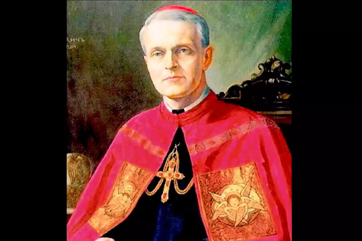 Retrato de un hombre de cabello canoso con vestimenta eclesiástica roja y detalles dorados sentado frente a un fondo oscuro Retrato de un hombre de cabello canoso con vestimenta eclesiástica roja y detalles dorados sentado frente a un fondo oscuro