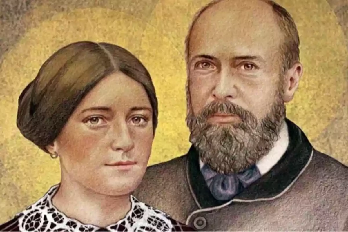 Ilustración de una mujer y un hombre juntos con aureolas doradas detrás de sus cabezas Ilustración de una mujer y un hombre juntos con aureolas doradas detrás de sus cabezas