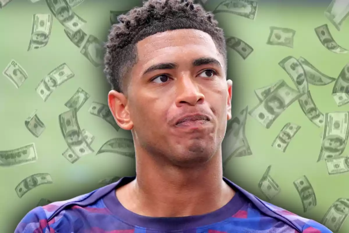 Un joven con expresión seria al frente de un fondo con billetes flotando