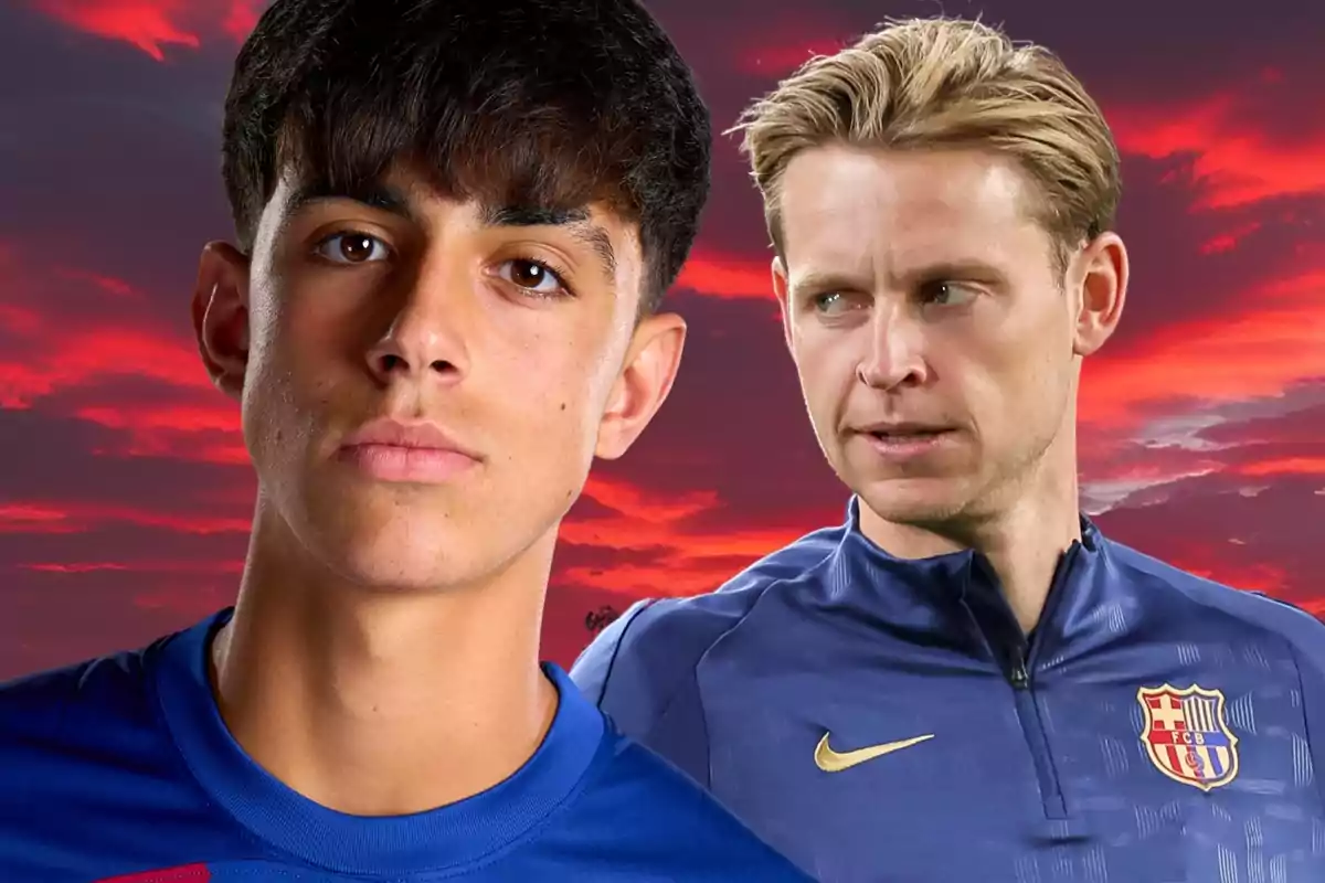 Dos futbolistas del FC Barcelona con uniforme azul posan frente a un cielo rojo al atardecer