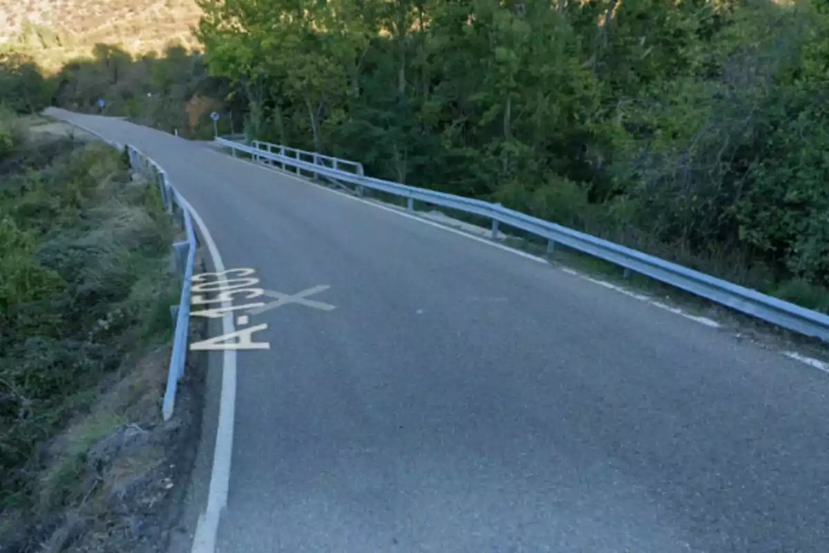 Carretera rural con barandillas metálicas y vegetación a los lados, con la inscripción A-1503 pintada en el asfalto Carretera rural con barandillas metálicas y vegetación a los lados, con la inscripción A-1503 pintada en el asfalto