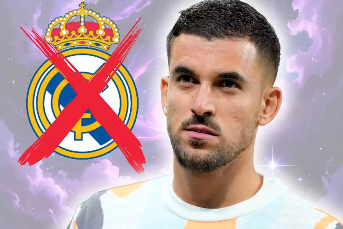 Un futbolista con expresión seria aparece junto al escudo del Real Madrid tachado con una gran X roja sobre un fondo de colores morados y blancos.