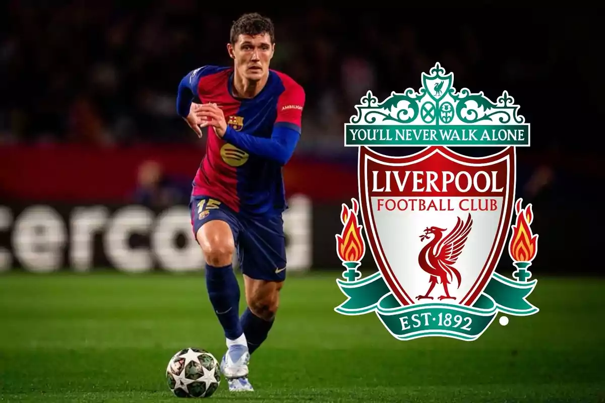 Futbolista del Barcelona en acción con el escudo del Liverpool al frente Futbolista del Barcelona en acción con el escudo del Liverpool al frente