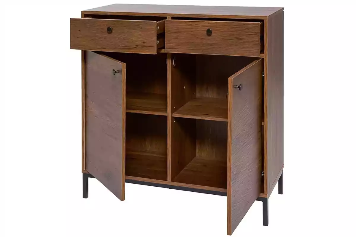 Mueble de madera con dos cajones superiores abiertos y dos puertas inferiores abiertas que muestran compartimentos internos Mueble de madera con dos cajones superiores abiertos y dos puertas inferiores abiertas que muestran compartimentos internos