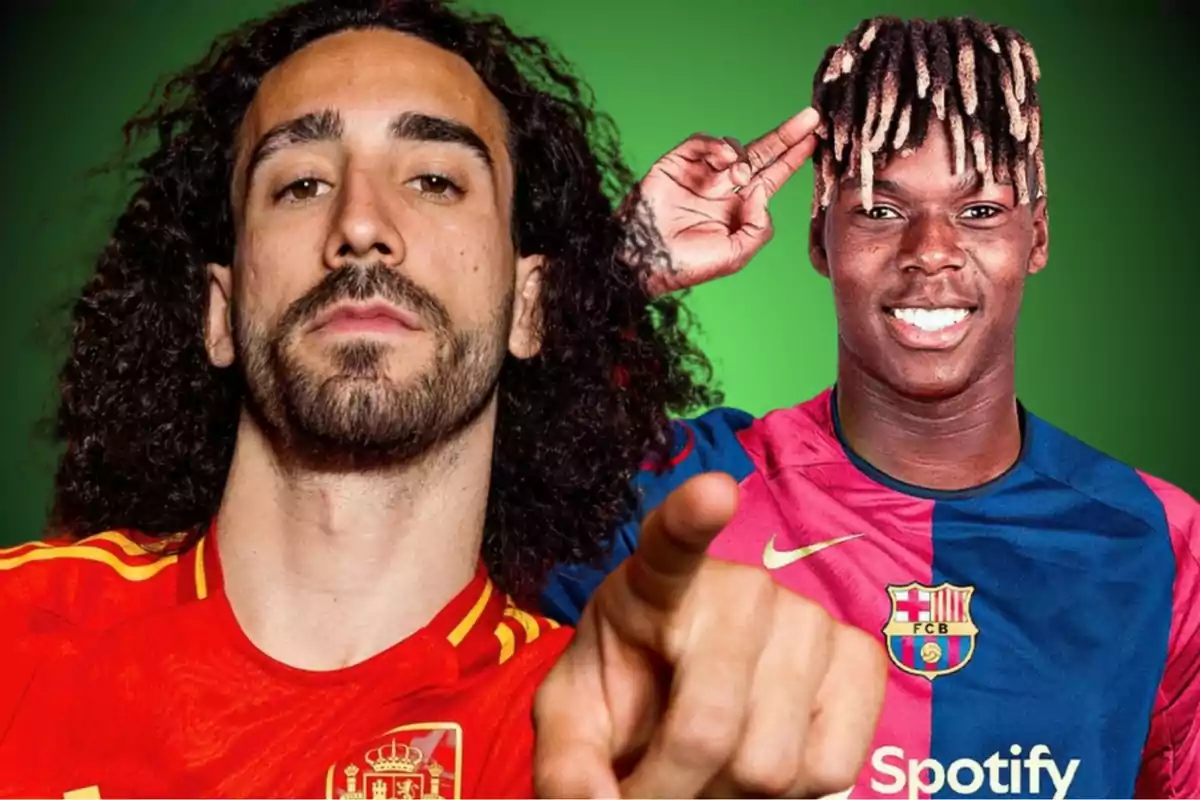 Dos futbolistas posan frente a un fondo verde, uno lleva la camiseta de la selección de España y el otro la del FC Barcelona