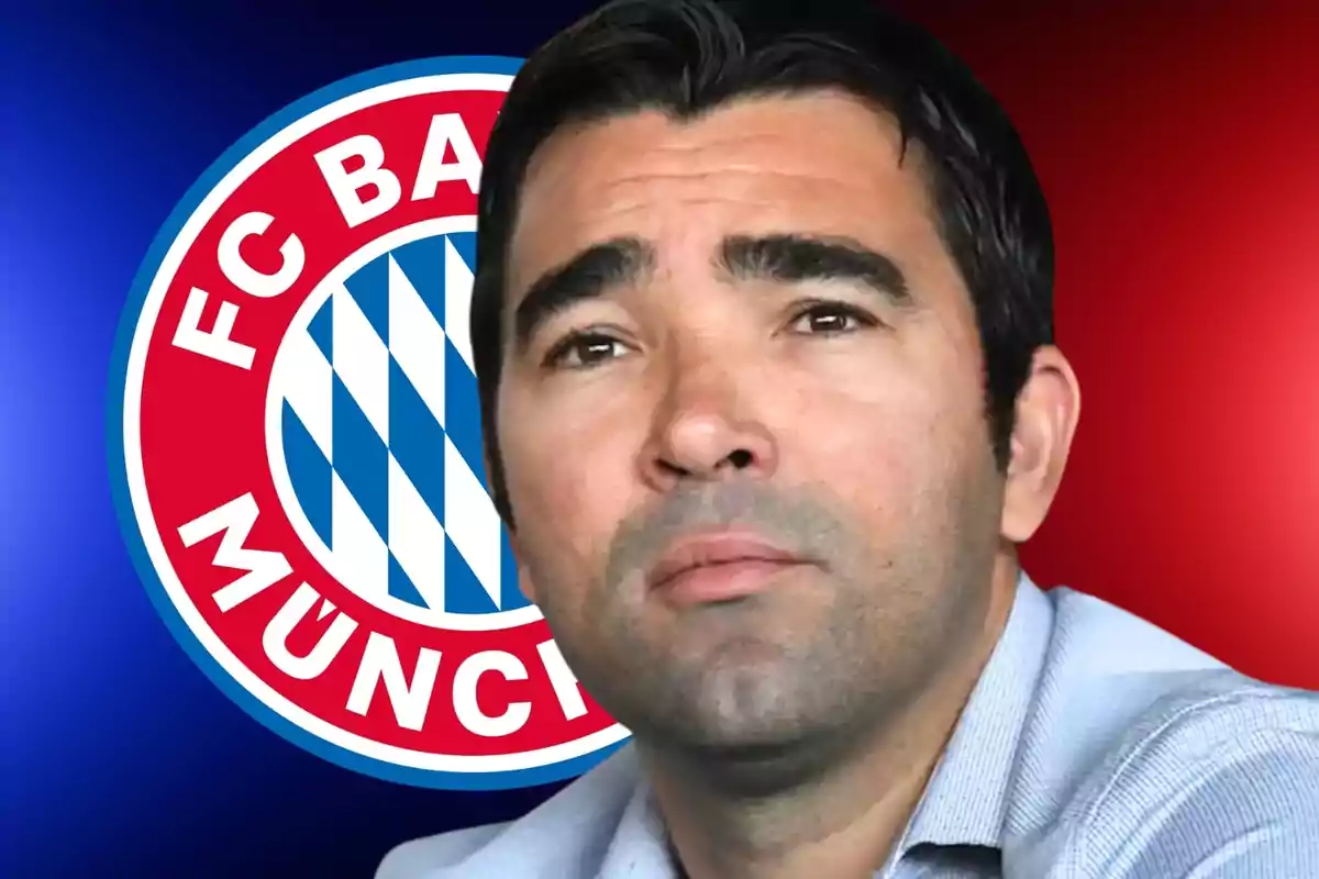 Hombre de cabello oscuro con expresión seria frente al escudo del FC Bayern Múnich sobre un fondo azul y rojo.