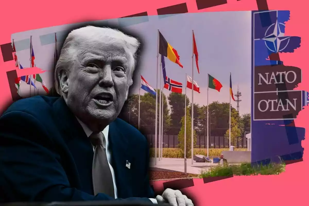 Un hombre de cabello canoso en primer plano con expresión seria y al fondo varias banderas de países miembros de la OTAN junto a un letrero de la organización sobre un fondo rosa llamativo