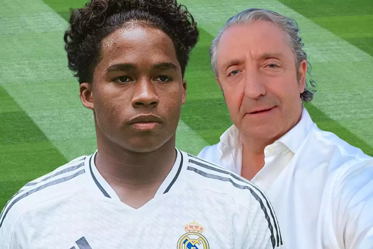 Dos personas posan en un campo de fútbol, una de ellas lleva el uniforme del Real Madrid y la otra viste camisa blanca