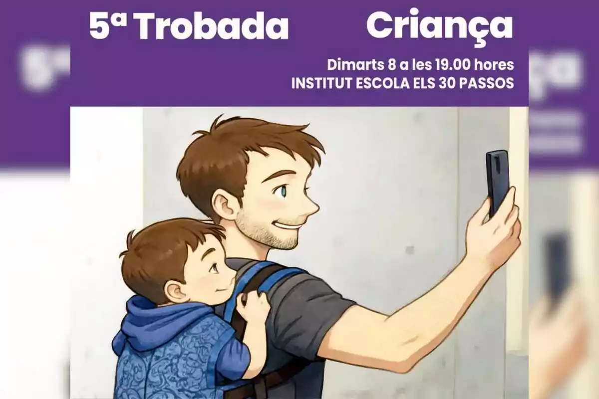 Ilustración de un hombre joven sonriendo mientras se toma una selfie con un niño pequeño que lleva en una mochila portabebés, ambos miran hacia el teléfono y parecen felices Ilustración de un hombre joven sonriendo mientras se toma una selfie con un niño pequeño que lleva en una mochila portabebés, ambos miran hacia el teléfono y parecen felices