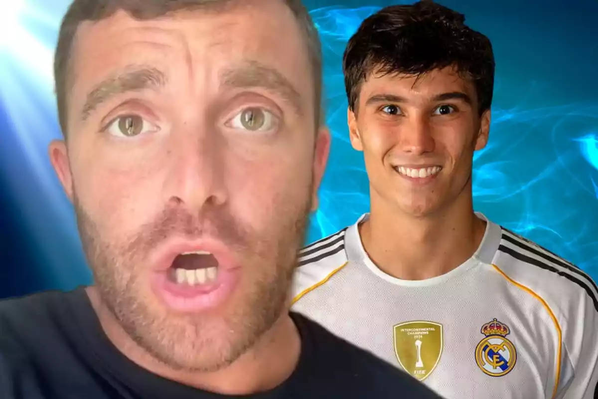 Primer plano de un hombre con barba y expresión de sorpresa junto a un joven sonriente con camiseta del Real Madrid sobre un fondo azul brillante