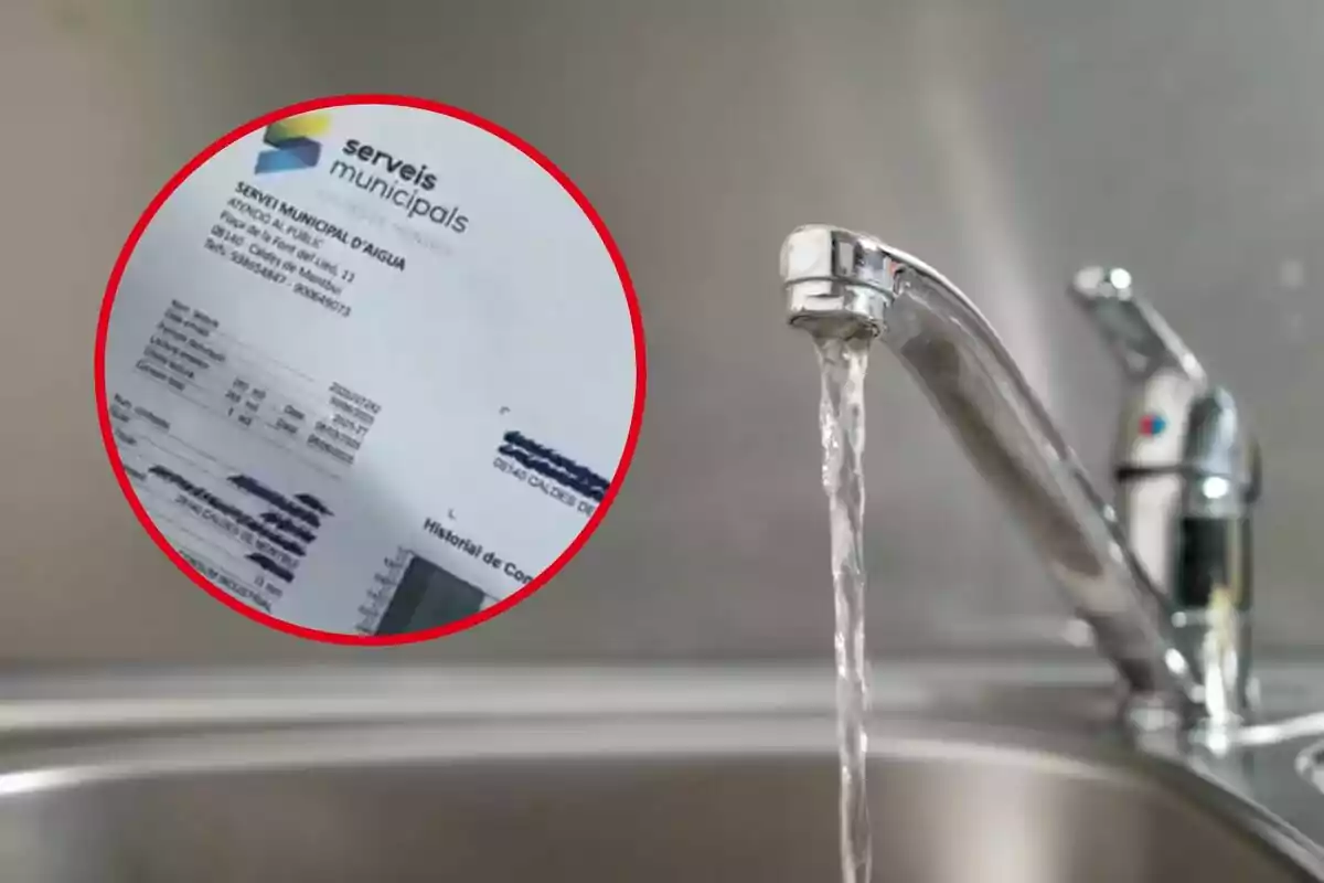 Un grifo de cocina abierto con agua corriendo y un recibo de servicios municipales de agua resaltado en un círculo rojo Un grifo de cocina abierto con agua corriendo y un recibo de servicios municipales de agua resaltado en un círculo rojo
