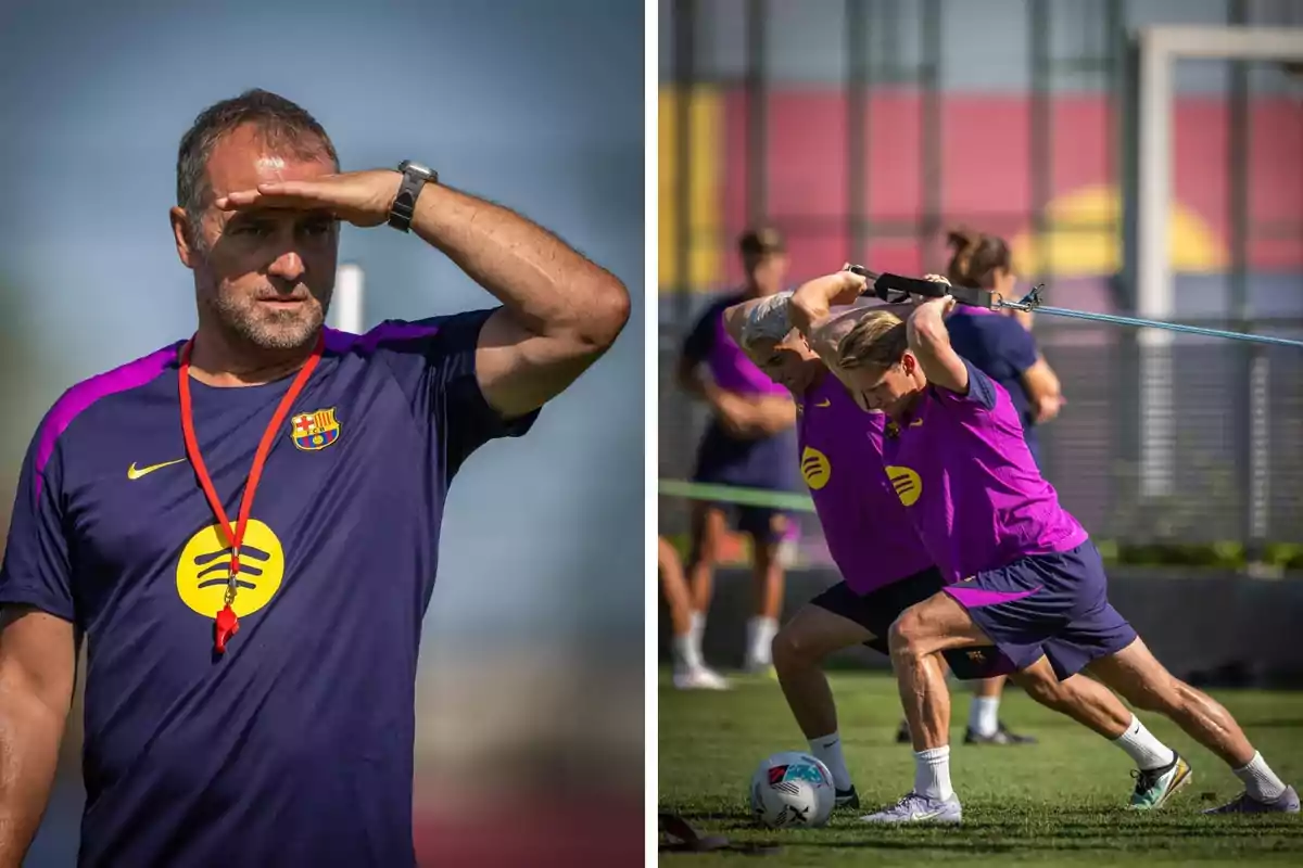 Entrenador del FC Barcelona observando el entrenamiento mientras dos jugadores realizan ejercicios de resistencia con bandas elásticas en el campo de fútbol Entrenador del FC Barcelona observando el entrenamiento mientras dos jugadores realizan ejercicios de resistencia con bandas elásticas en el campo de fútbol