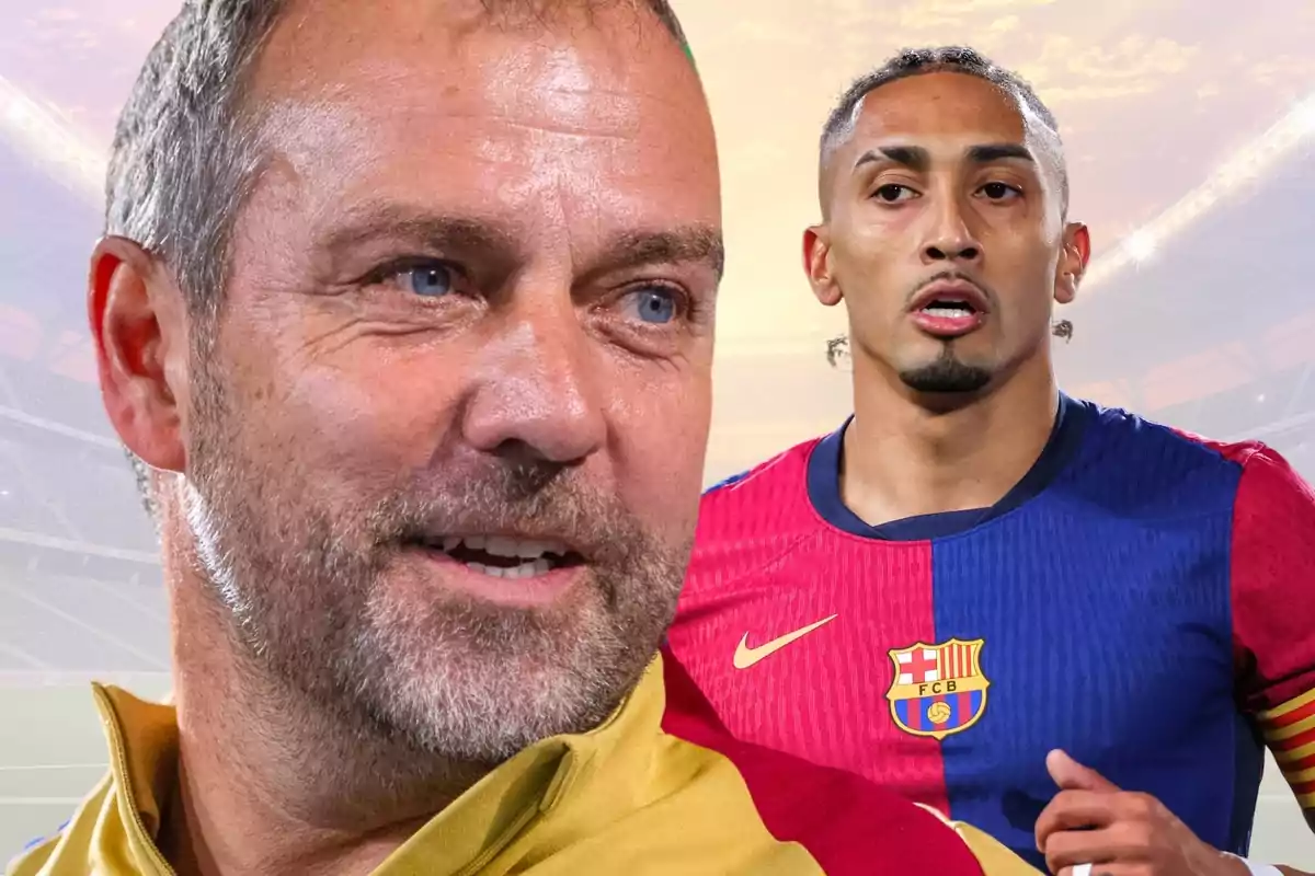 Un hombre de cabello corto y barba con chaqueta amarilla aparece en primer plano mientras al fondo se ve a un futbolista con el uniforme del Barcelona en un estadio iluminado al atardecer