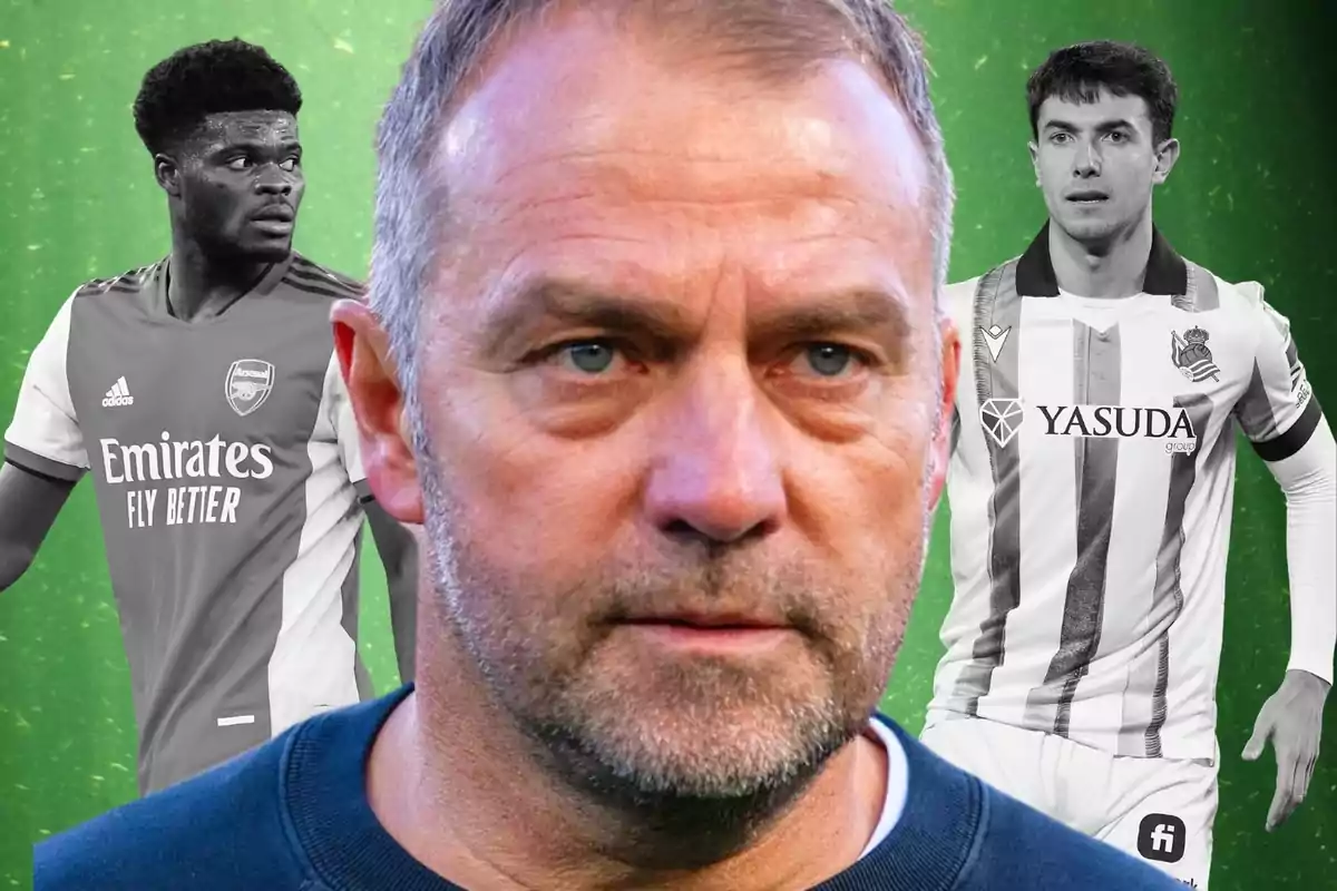 Un entrenador de fútbol en primer plano con dos jugadores de diferentes equipos al fondo sobre un fondo verde