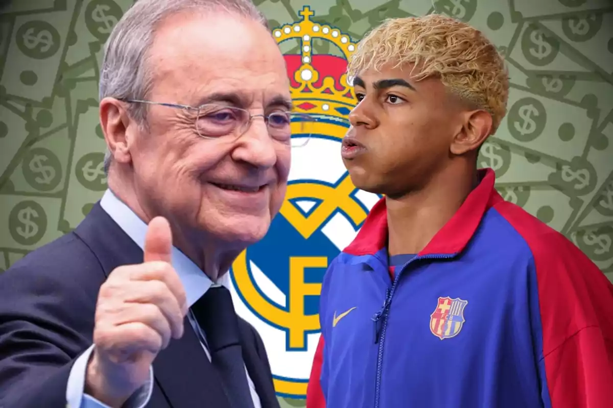 Un hombre mayor sonriente con traje y pulgar arriba junto a un joven con chaqueta deportiva, fondo de billetes y el escudo del Real Madrid.
