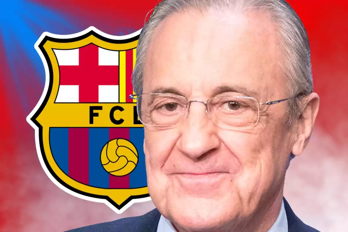 Hombre mayor con gafas sonriendo frente al escudo del FC Barcelona sobre un fondo rojo y azul difuminado