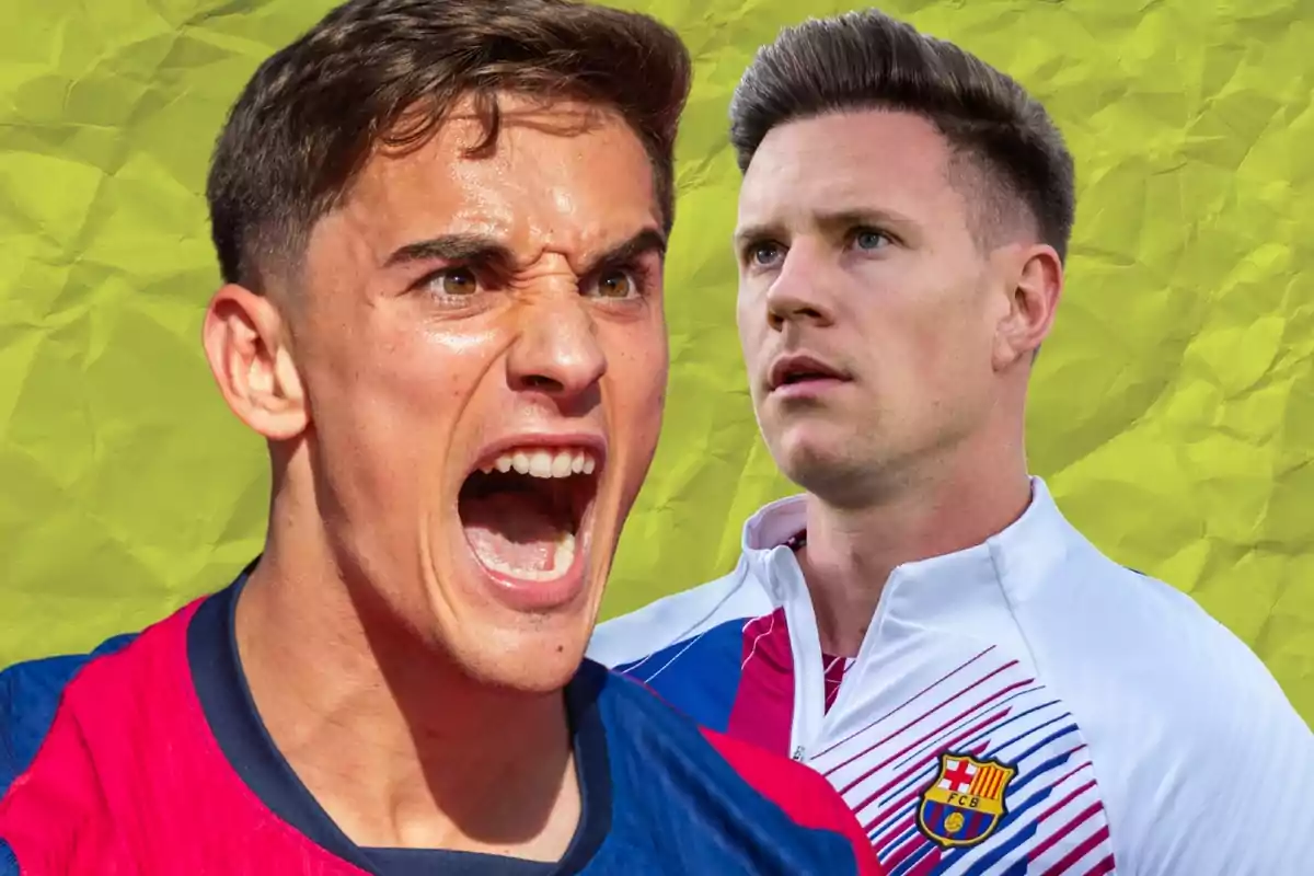 Dos jugadores del FC Barcelona con expresiones intensas sobre un fondo amarillo arrugado