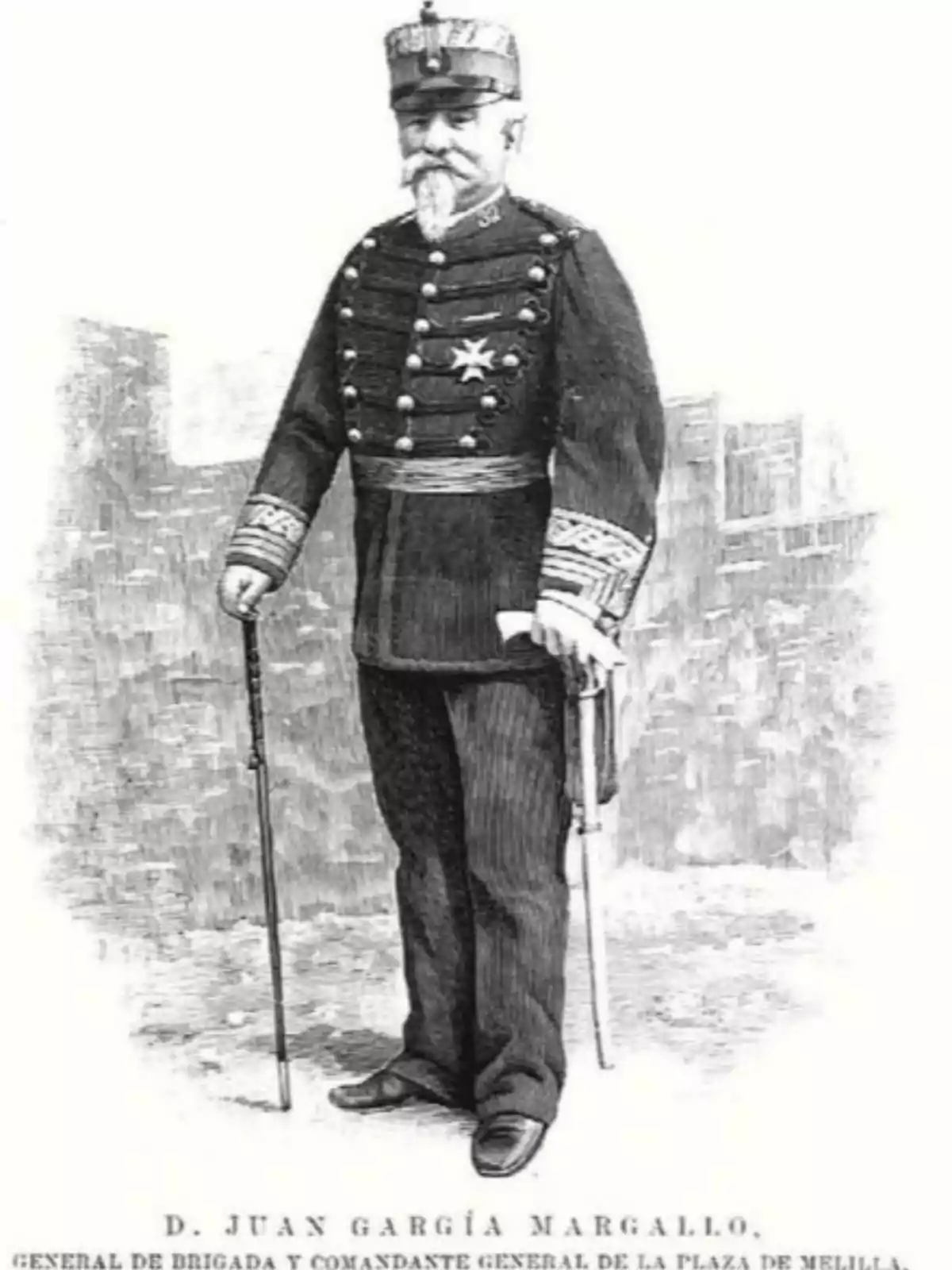 Ilustración del general García Margallo en blanco con uniforme militar antiguo, con barba y bigote, sosteniendo un bastón y una espada, de pie sobre un fondo neutro Ilustración del general García Margallo en blanco con uniforme militar antiguo, con barba y bigote, sosteniendo un bastón y una espada, de pie sobre un fondo neutro