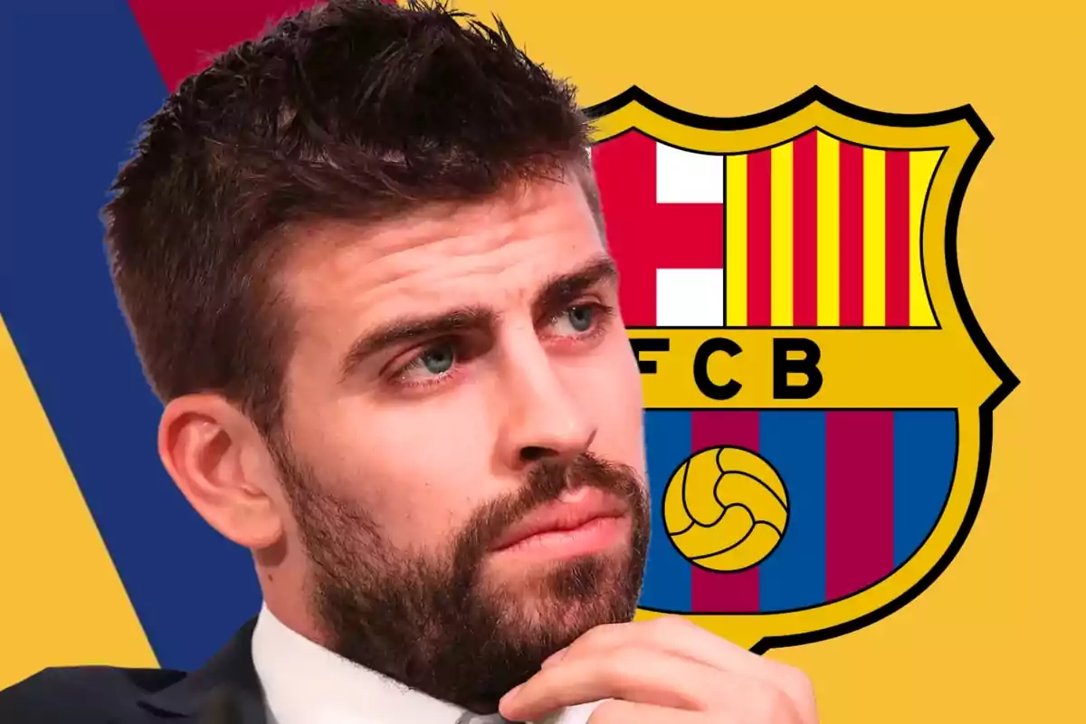 Hombre pensativo con barba frente al escudo del FC Barcelona sobre un fondo amarillo